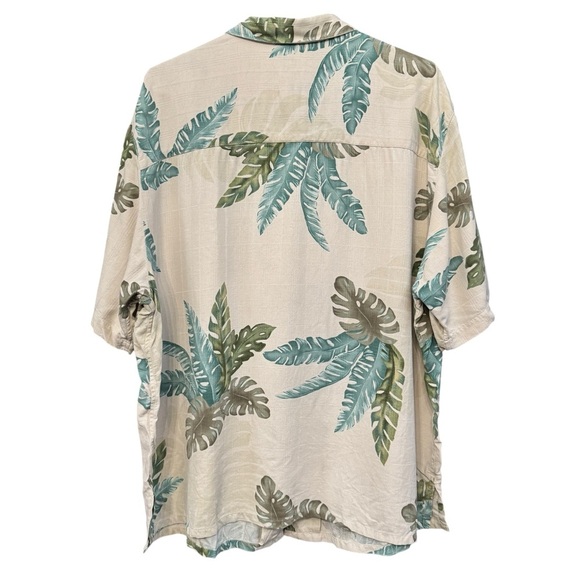 Saddlebred XL Silk Hawaiian Shirt Beige Green Palm Leaf Aloha Camp - Picture 3 of 5